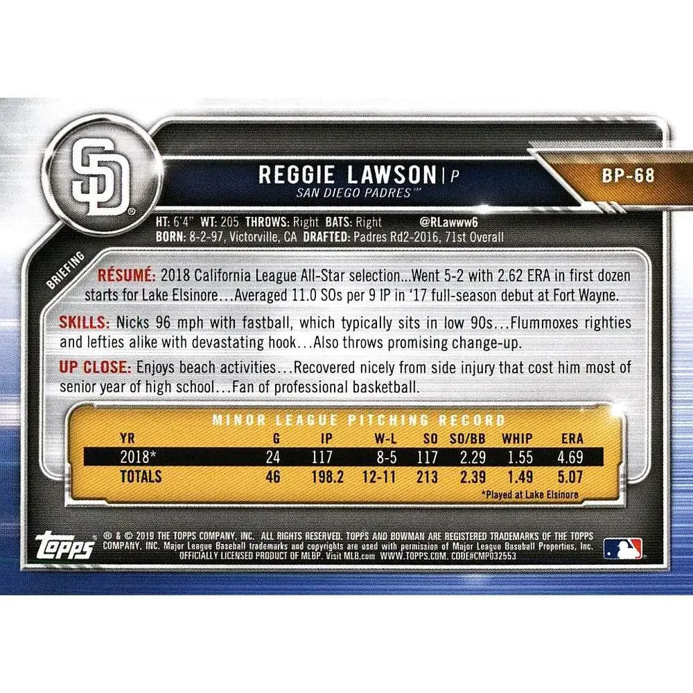 2019 Bowman Prospects Reggie Lawson #BP-68 San Diego Padres